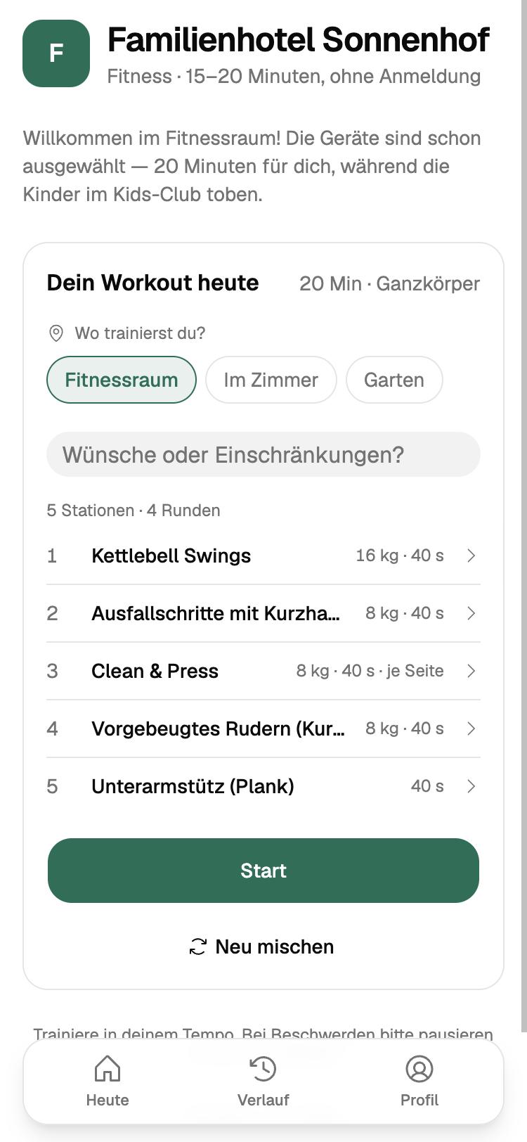 Die Startseite von workouts.fyi mit dem Workout für heute
