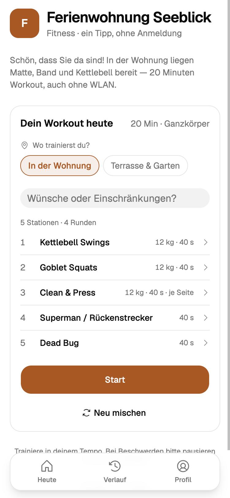 Die Startseite von workouts.fyi mit dem Workout für heute