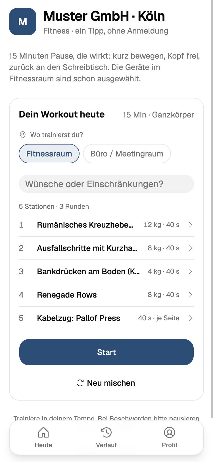 Die Startseite von workouts.fyi mit dem Workout für heute