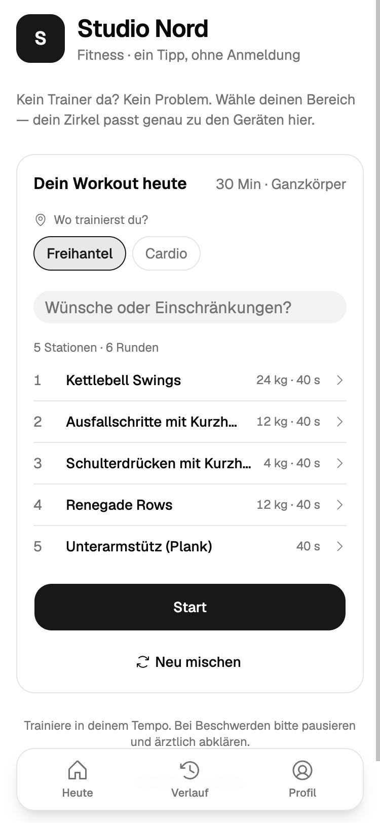 Die Startseite von workouts.fyi mit dem Workout für heute