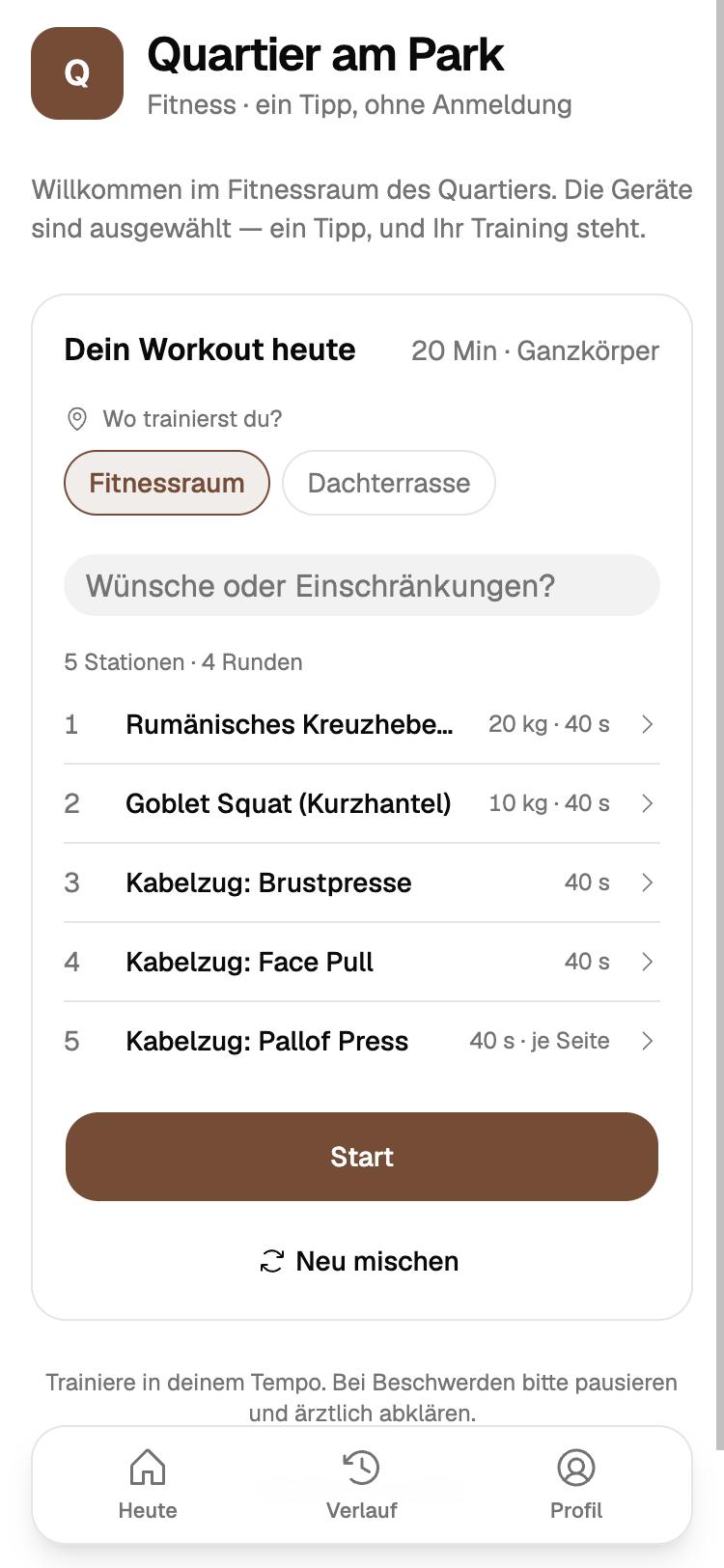 Die Startseite von workouts.fyi mit dem Workout für heute